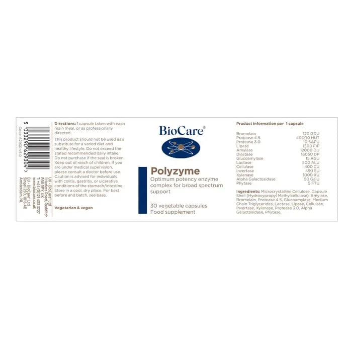 Polyzyme Forte Enzyme Complex Capsules BioCare 90 Capsules - Image 2